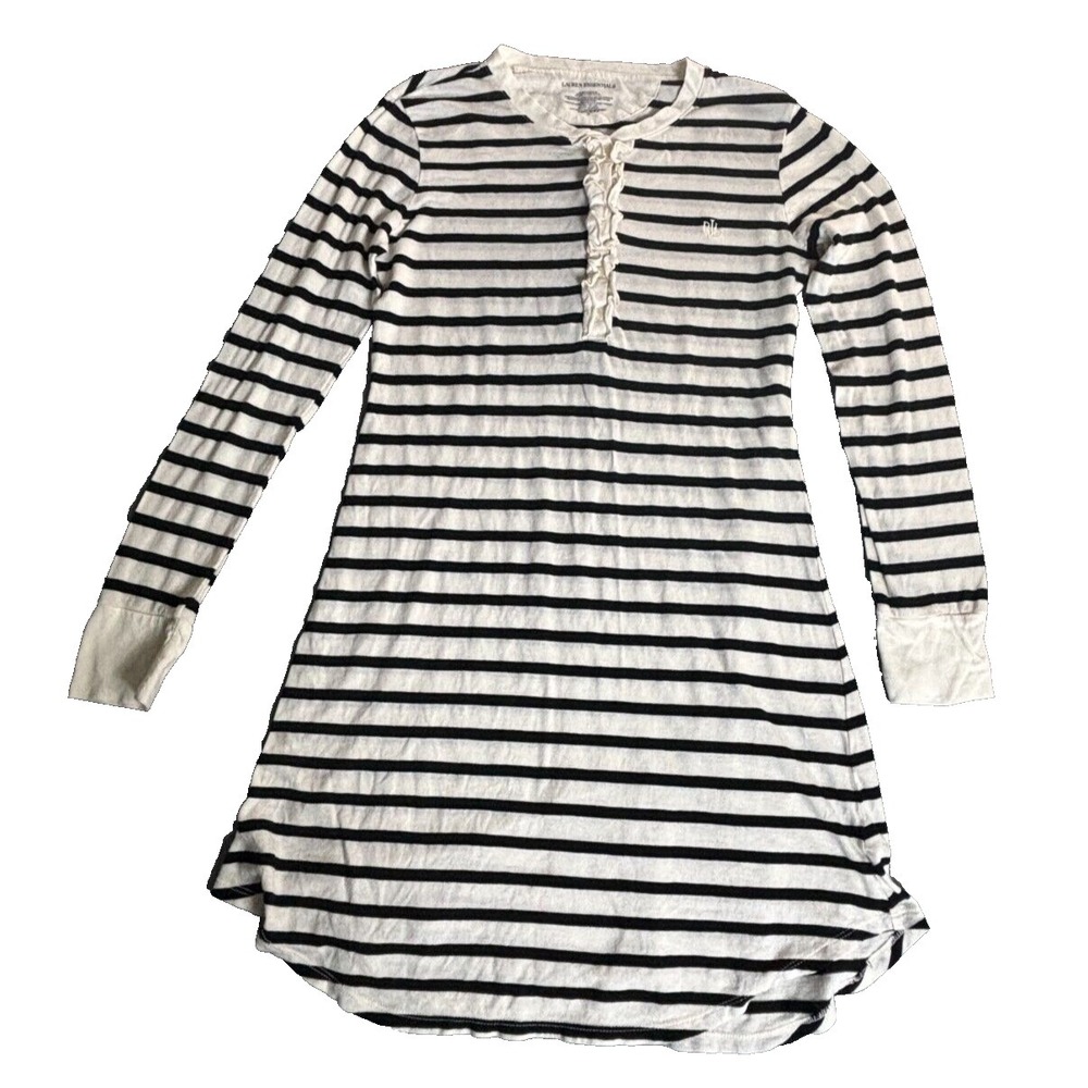 Lauren Essentials Dress Women's Small‎ White Black Striped Long Sleeve Pullover
